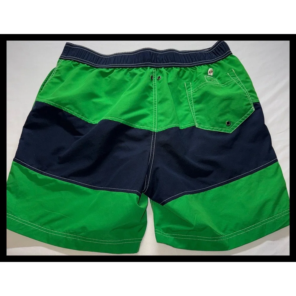 Lands' End Swim Trunks Mens L Green Navy Striped Board Shorts Beachwear